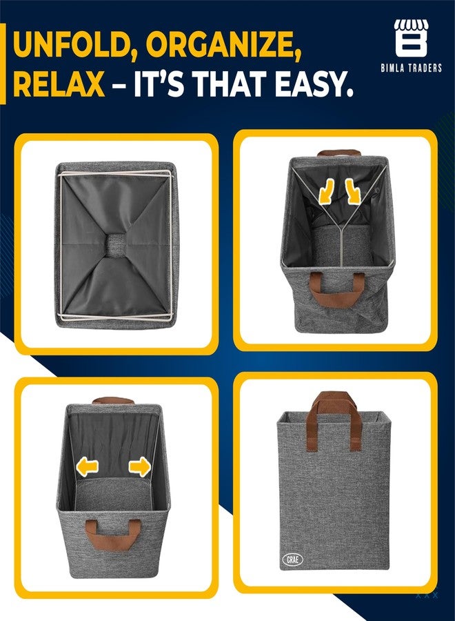 CRAE Pack of 1 Storage Baskets (46L x 27W x 19H CM) Non-Woven Foldable Wardrobe Organizer with Metal Frame Rectangle, Storage Box with Handles for Clothes, Books, Toys, Blankets & Closet Use. - Image 3