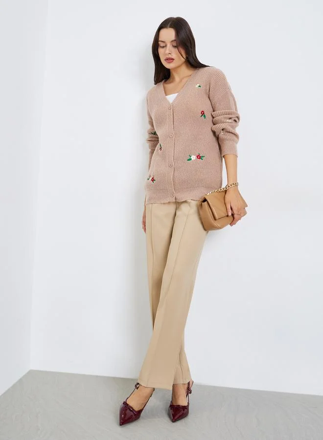 Regular Fit Longline Embroidered Cardigan