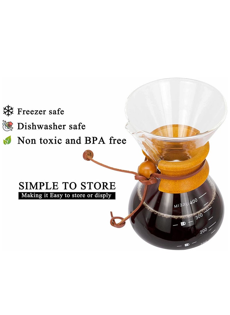MIBRU Pour Over Chemex Style Coffee Maker Drip Glass Pot Espresso Coffee Bowl Machine Heat Resistant for Home Travel Classic Series Wooden hoop 400ML  - Image 4