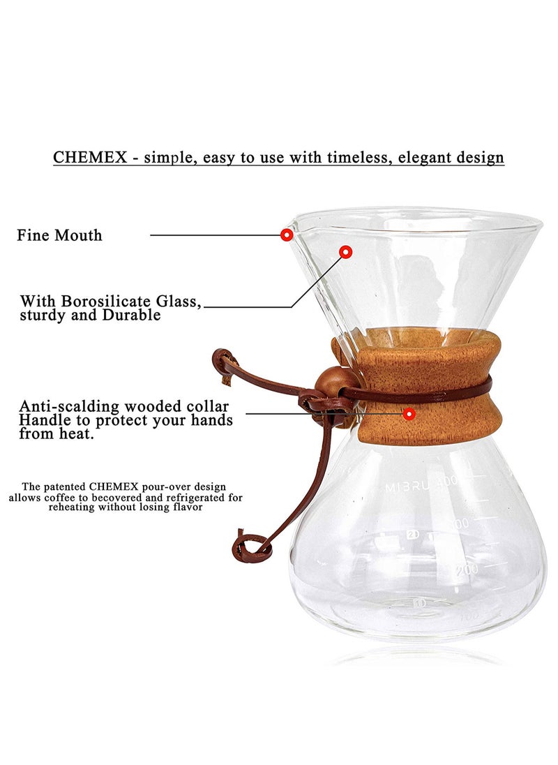 MIBRU Pour Over Chemex Style Coffee Maker Drip Glass Pot Espresso Coffee Bowl Machine Heat Resistant for Home Travel Classic Series Wooden hoop 400ML  - Image 5