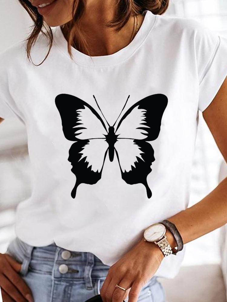 Street Life Pattern Round Neck Printed White T-Shirt Short Sleeve Women'S Wish/ - Image 1