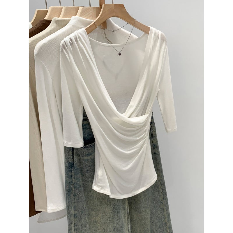 Real Shot of Lyocell Tencel Wool Cross V-Neck Half-Sleeve T-Shirt for Women, Spring/Summer 2026 New Style, Draped Collar Mid-Sleeve Top - Image 3