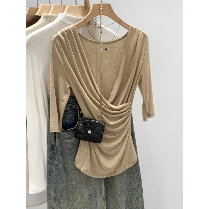 Real Shot of Lyocell Tencel Wool Cross V-Neck Half-Sleeve T-Shirt for Women, Spring/Summer 2026 New Style, Draped Collar Mid-Sleeve Top - Image 5