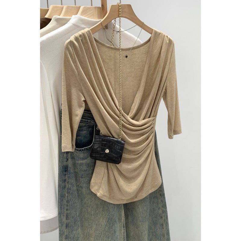 Real Shot of Lyocell Tencel Wool Cross V-Neck Half-Sleeve T-Shirt for Women, Spring/Summer 2026 New Style, Draped Collar Mid-Sleeve Top - Image 2