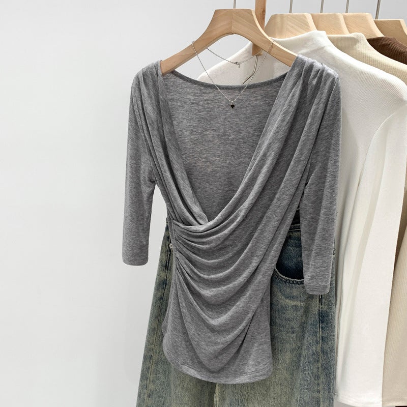 Real Shot of Lyocell Tencel Wool Cross V-Neck Half-Sleeve T-Shirt for Women, Spring/Summer 2026 New Style, Draped Collar Mid-Sleeve Top - Image 1
