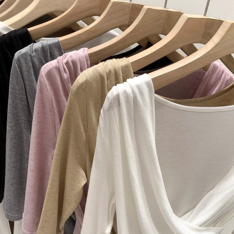 Real Shot of Lyocell Tencel Wool Cross V-Neck Half-Sleeve T-Shirt for Women, Spring/Summer 2026 New Style, Draped Collar Mid-Sleeve Top - Image 4