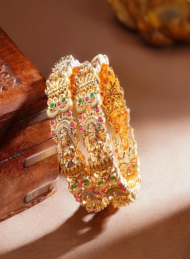 Rubans 22K Gold Plated Temple Goddess Lakshmi Bangles Set of 2 Traditional Bridal Festive Jewellery for Women & Girls - Image 5
