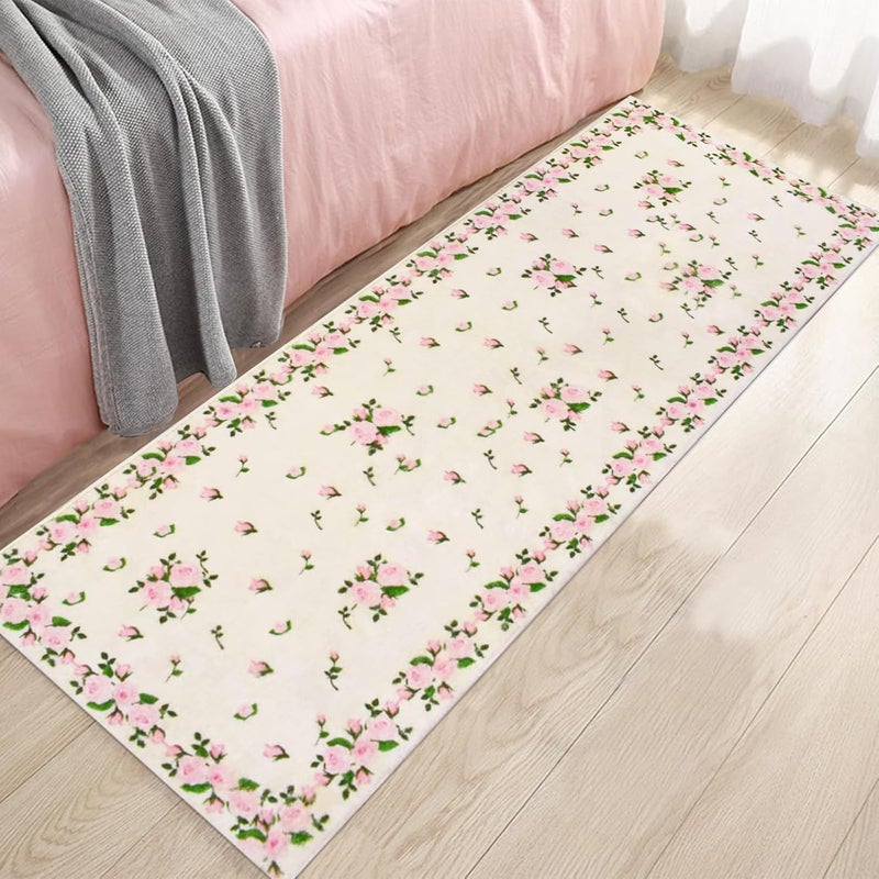 USTIDE Vintage Rose Buds Runner Pink Rose Carpet for Hallway Bedside Rustic Long Thick Wool Carpet Machine Washable with NonSlip Back 236X708Inches - Image 1