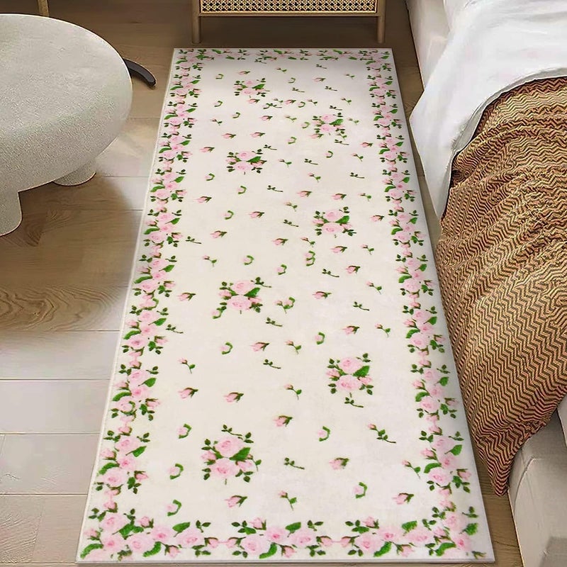 USTIDE Vintage Rose Buds Runner Pink Rose Carpet for Hallway Bedside Rustic Long Thick Wool Carpet Machine Washable with NonSlip Back 236X708Inches - Image 3