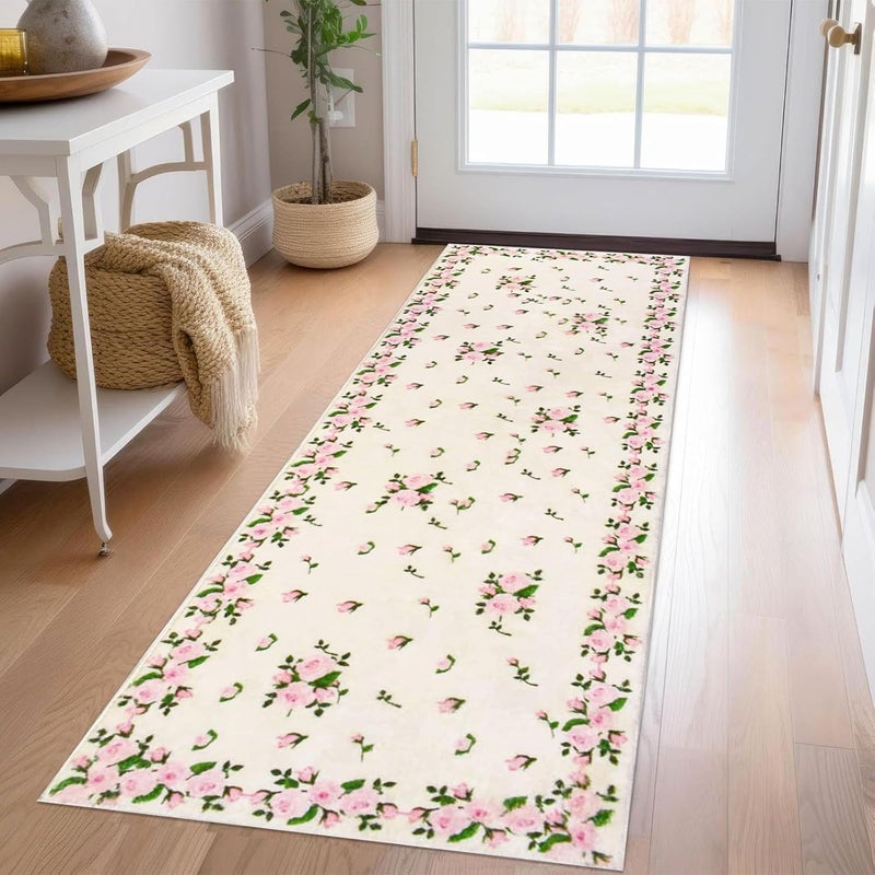 USTIDE Vintage Rose Buds Runner Pink Rose Carpet for Hallway Bedside Rustic Long Thick Wool Carpet Machine Washable with NonSlip Back 236X708Inches - Image 4
