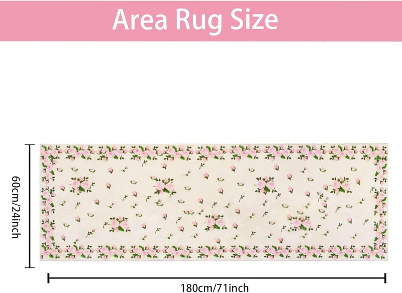 USTIDE Vintage Rose Buds Runner Pink Rose Carpet for Hallway Bedside Rustic Long Thick Wool Carpet Machine Washable with NonSlip Back 236X708Inches - Image 2