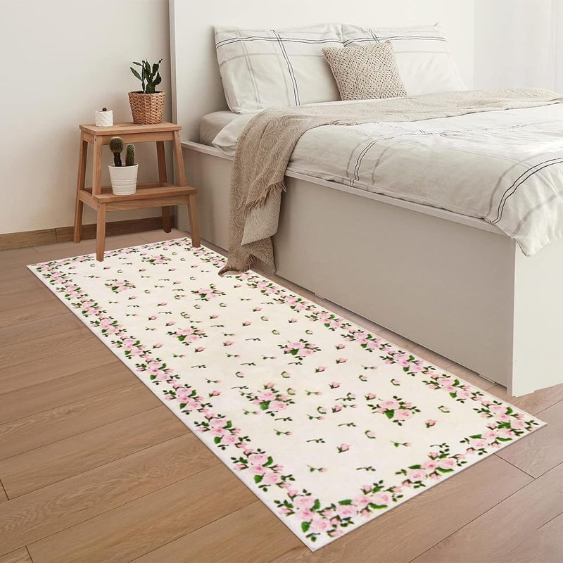 USTIDE Vintage Rose Buds Runner Pink Rose Carpet for Hallway Bedside Rustic Long Thick Wool Carpet Machine Washable with NonSlip Back 236X708Inches - Image 5