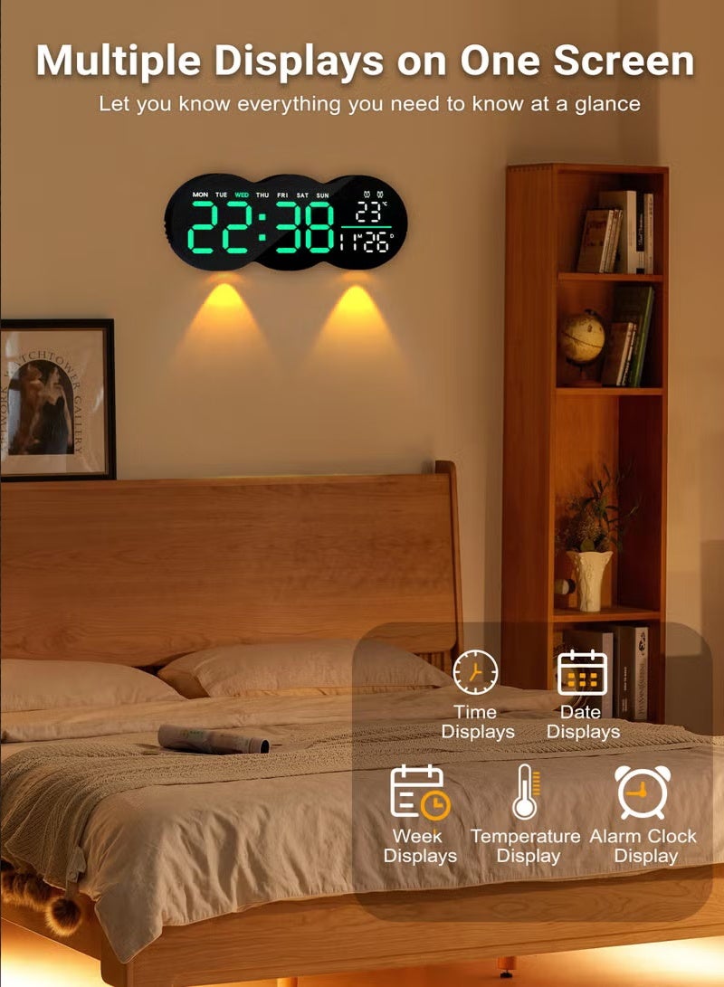 اكسيسن ساعة حائط رقمية مع إضاءة ليلية، ساعة رقمية LED مع جهاز تحكم عن بعد، 2 منبهات، تاريخ، أسبوع، درجة حرارة، لغرفة المعيشة، غرفة النوم، المكتب أو الحامل - Image 3
