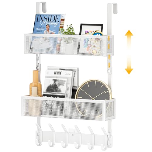 LUCYCAZ Adjustable Over The Door Hooks Organizer, Hanger Storage with 10 Coat Hooks & 2 Mesh Basket, Over The Door Towel Rack Organizer for Bathroom, Bedroom, Kitchen (White) - Image 1