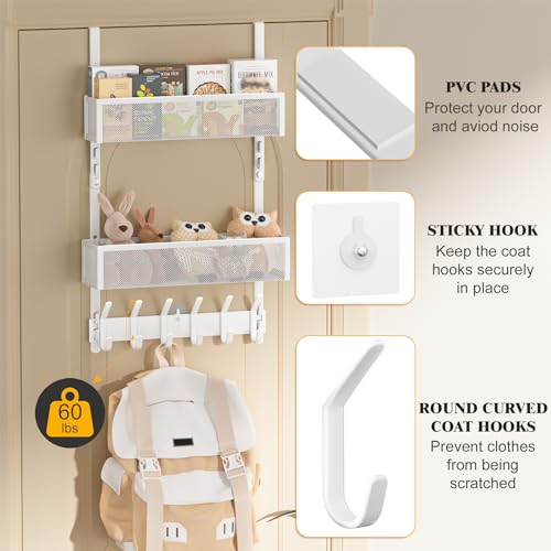 LUCYCAZ Adjustable Over The Door Hooks Organizer, Hanger Storage with 10 Coat Hooks & 2 Mesh Basket, Over The Door Towel Rack Organizer for Bathroom, Bedroom, Kitchen (White) - Image 2