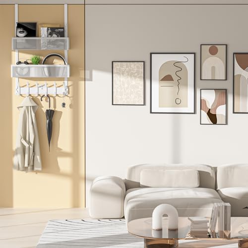 LUCYCAZ Adjustable Over The Door Hooks Organizer, Hanger Storage with 10 Coat Hooks & 2 Mesh Basket, Over The Door Towel Rack Organizer for Bathroom, Bedroom, Kitchen (White) - Image 5