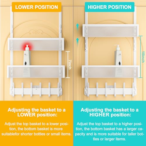 LUCYCAZ Adjustable Over The Door Hooks Organizer, Hanger Storage with 10 Coat Hooks & 2 Mesh Basket, Over The Door Towel Rack Organizer for Bathroom, Bedroom, Kitchen (White) - Image 3