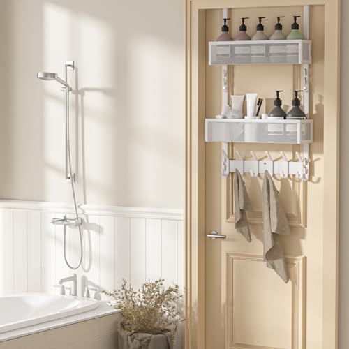 LUCYCAZ Adjustable Over The Door Hooks Organizer, Hanger Storage with 10 Coat Hooks & 2 Mesh Basket, Over The Door Towel Rack Organizer for Bathroom, Bedroom, Kitchen (White) - Image 4