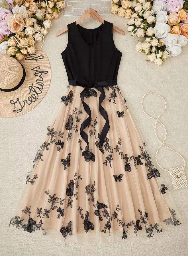 Multi Embroidered Butterfly A-Line Midi Dress