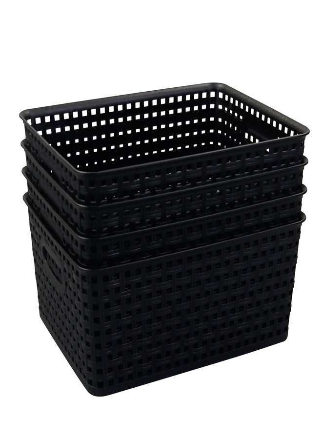 Obstnny Plastic Weave Storage Basket 4 Pack, Kitchen Pantry Organzing Basket Bin, Black - Image 1