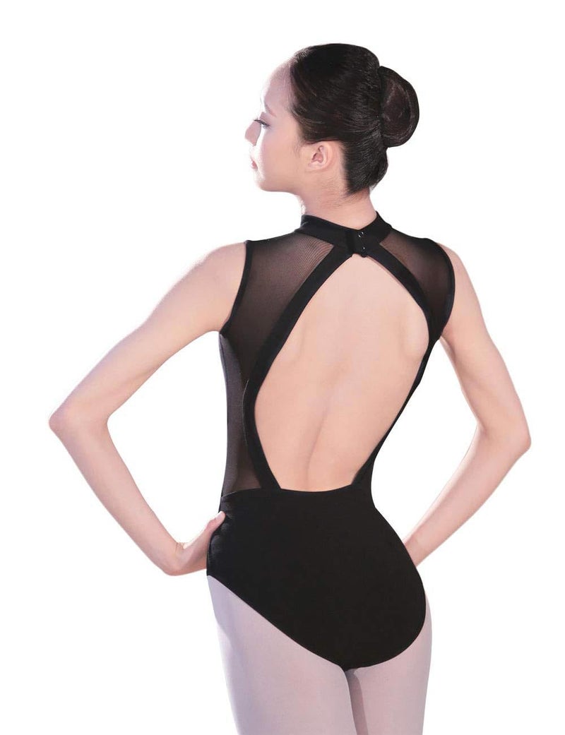 Daydance Sleeveless Black Teen Girls Ballet Leotards Cotton Mesh Dance Attire with Open Back - Image 1