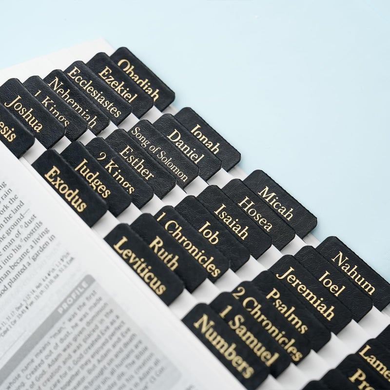 XKDOUS Leather Bible Tabs, Gold Foil Bible Tabs for Men Women, Bible Book Tabs for Study Bible, 66 Bible Tabs for Old and New Testament, Additional 9 Tabs (Black) - Image 4