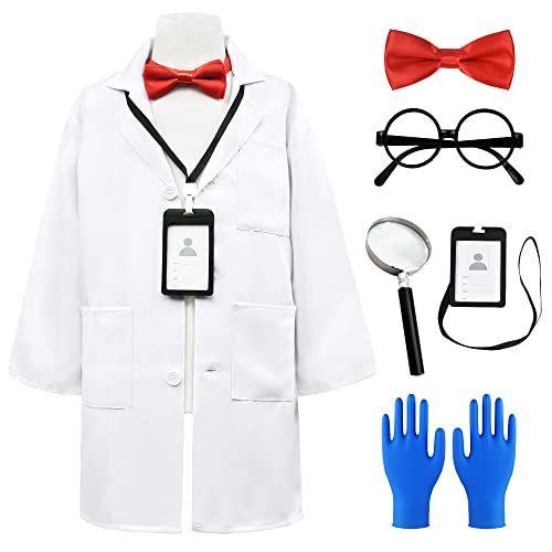 ZZIHAN Scientist Costume for Kids Mad Scientist Lab Coat Costume with Goggles Magnifying Glass Gloves Bow Tie for Boys Girls Dress Up Halloween Career Day School Play 78 Years - Image 1