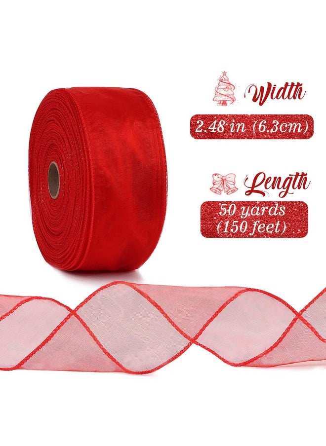 DERAYEE DERAYEE Red Organza Wired Ribbon, 2-1/2 Inch x 50 Yards Metallic Edge Christmas Decorative Sheer Ribbon for Xmas Wreaths, Christmas Tree Decoration, Gift Wrapping  - Image 2