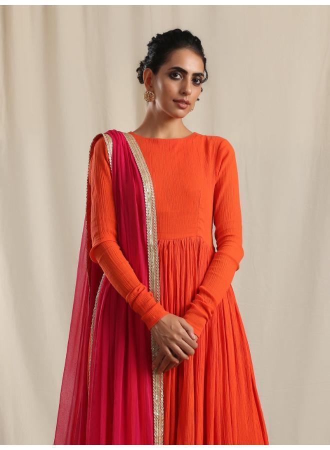 trueBrowns Orange Crinkle Anarkali Kurta Pant Dupatta Set - Image 5