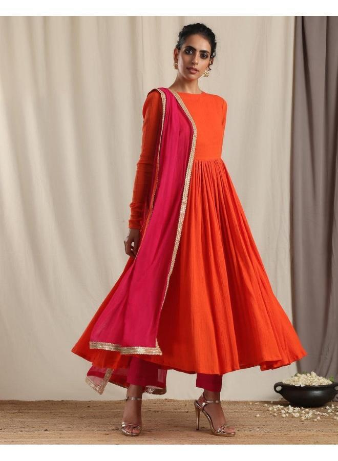trueBrowns Orange Crinkle Anarkali Kurta Pant Dupatta Set - Image 1
