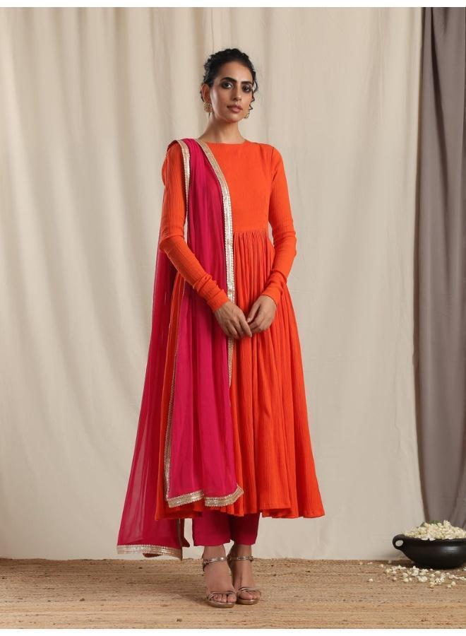 trueBrowns Orange Crinkle Anarkali Kurta Pant Dupatta Set - Image 3
