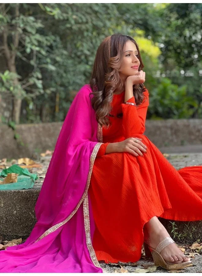 trueBrowns Orange Crinkle Anarkali Kurta Pant Dupatta Set