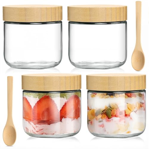 TBWIND 4 Pack 10oz Glass Jars with Bamboo Lids Spoons Airtight Overnight Oats Containers Wide Mouth Mason Jars Food Storage Container for Yogurt Salad Snacks Spice Sugar Meal Prep Reusable - Image 1