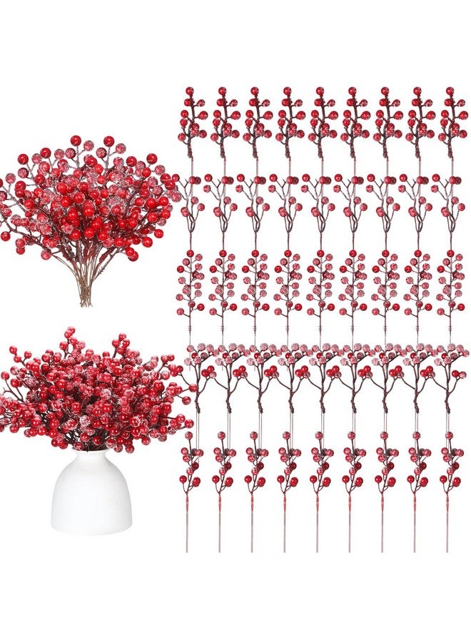 Janinka Janinka 60 Pcs Christmas Snow Frosted Artificial Berry Branches 7.87 Inch Floral Berry Picks Holly Berry Stems Berry Picks and Sprays for Xmas Tree Garland Wreath Vase Filler Decor(Red)  - Image 1