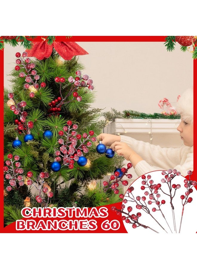 Janinka Janinka 60 Pcs Christmas Snow Frosted Artificial Berry Branches 7.87 Inch Floral Berry Picks Holly Berry Stems Berry Picks and Sprays for Xmas Tree Garland Wreath Vase Filler Decor(Red)  - Image 3