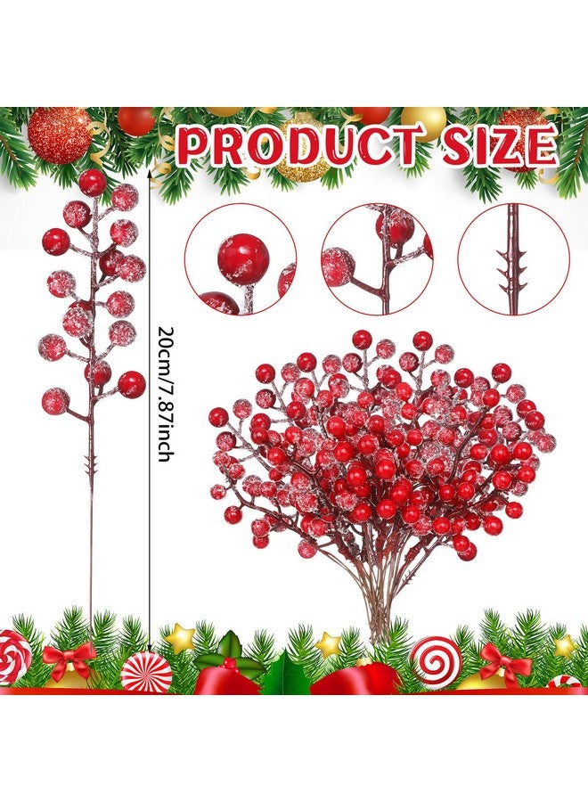 Janinka Janinka 60 Pcs Christmas Snow Frosted Artificial Berry Branches 7.87 Inch Floral Berry Picks Holly Berry Stems Berry Picks and Sprays for Xmas Tree Garland Wreath Vase Filler Decor(Red)  - Image 2