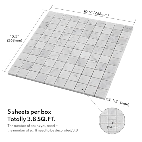 Lovdeco Carrara White Marble Stone 1 Inch Square Italian Bianco Carrera Marble Mosaic Tile for Kitchen Wall Bathroom Shower Floor (5 Sheet, Honed) - Image 3