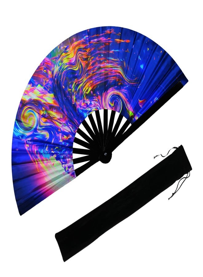 YKuzLx 13‘’ UV Glow Large Rave Fan for Men Women, Popping Fan for Line Dancing, Decorative Folding Hand Fan for Party, Home Decoration, Gift, Music Festival Essential, EDM Rave Accessories (Waves) - Image 1