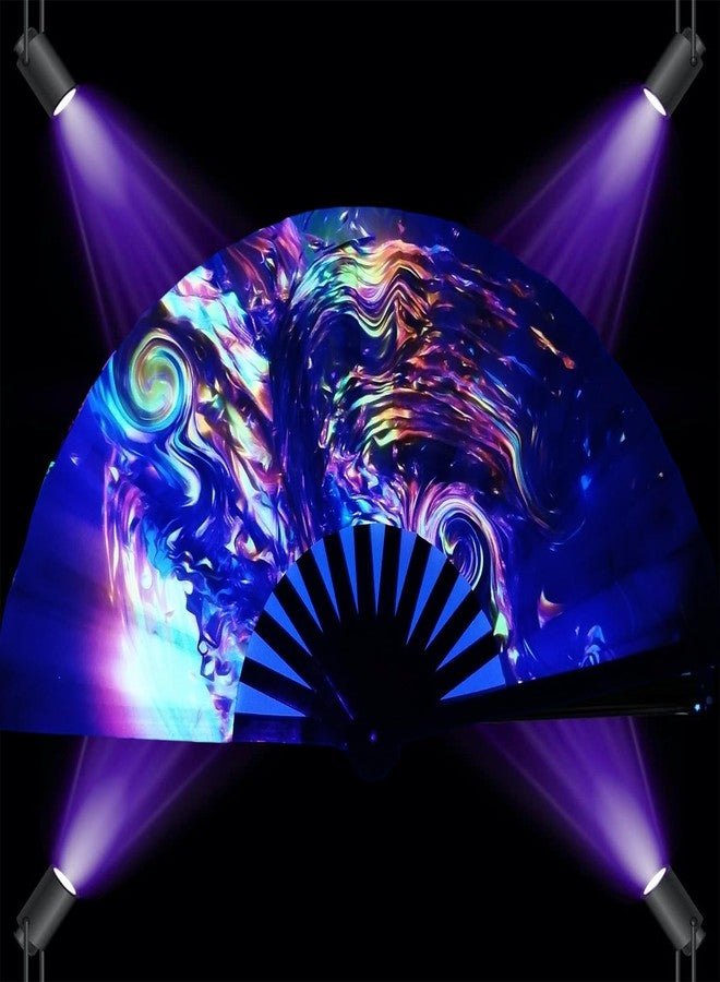 YKuzLx 13‘’ UV Glow Large Rave Fan for Men Women, Popping Fan for Line Dancing, Decorative Folding Hand Fan for Party, Home Decoration, Gift, Music Festival Essential, EDM Rave Accessories (Waves) - Image 2