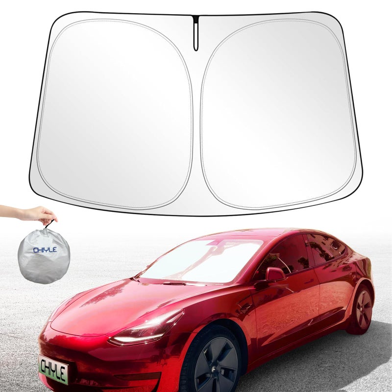 CHIYLE Tesla مظلة للزجاج الأمامي 20162025 موديل 3 YHeat واقي حماية من الأشعة فوق البنفسجية عاكس 300T مادة قابلة للطي للشمس صالح تناسب تسلا موديل 3 مظلة تسلا موديل Y 20252016