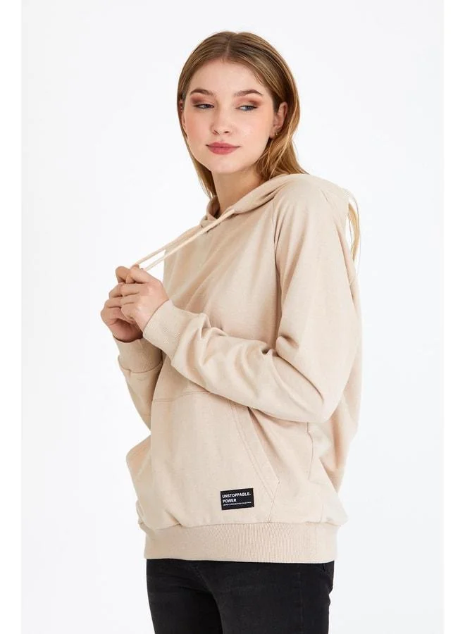Mmetalic  Women's Beige Hooded Basic Knit Sweatshirt for Women | Best Price UAE