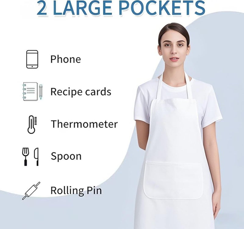 Nymmoata 2 Pack White Bib Aprons: Unisex Apron Bulk with Extra Long Ties - Women Men Apron with Pockets - Chef Aprons for Kitchen Painting Cooking Grill BBQ - Image 5