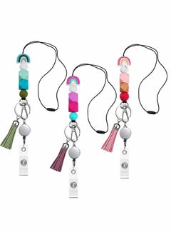 Silicone Beaded Lanyards for ID Badges and Keys 3 Sets Boho Neck Lanyard Necklaces with Retractable Badge Reel Holders Tassel Keychain Strap Lanyard for Women Girls Teacher Students Nurses