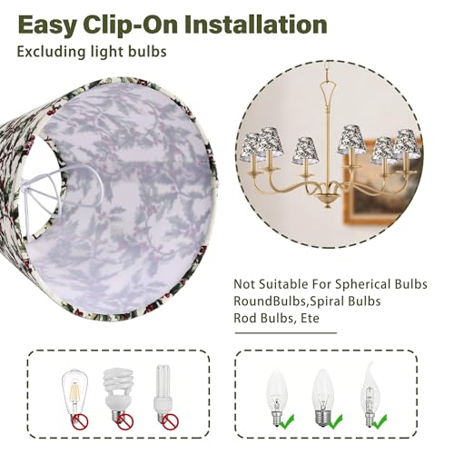 Mr.Color Clip On Chandelier Shades Set of 6,Small Empire Lamp Shades Printed Fabric 3.1" x 5.9" x 5.1" for E12 Candelabra Bulbs,Holly Leaves & Red Berries for Chandeliers,Wall Sconces,Table Lamps - Image 5