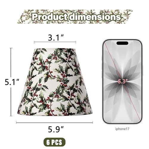 Mr.Color Clip On Chandelier Shades Set of 6,Small Empire Lamp Shades Printed Fabric 3.1" x 5.9" x 5.1" for E12 Candelabra Bulbs,Holly Leaves & Red Berries for Chandeliers,Wall Sconces,Table Lamps - Image 3
