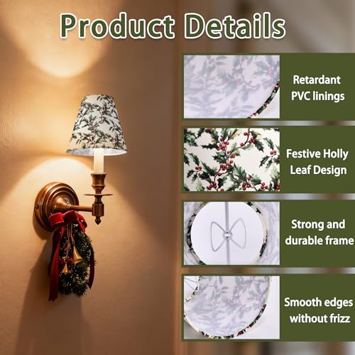 Mr.Color Clip On Chandelier Shades Set of 6,Small Empire Lamp Shades Printed Fabric 3.1" x 5.9" x 5.1" for E12 Candelabra Bulbs,Holly Leaves & Red Berries for Chandeliers,Wall Sconces,Table Lamps - Image 4