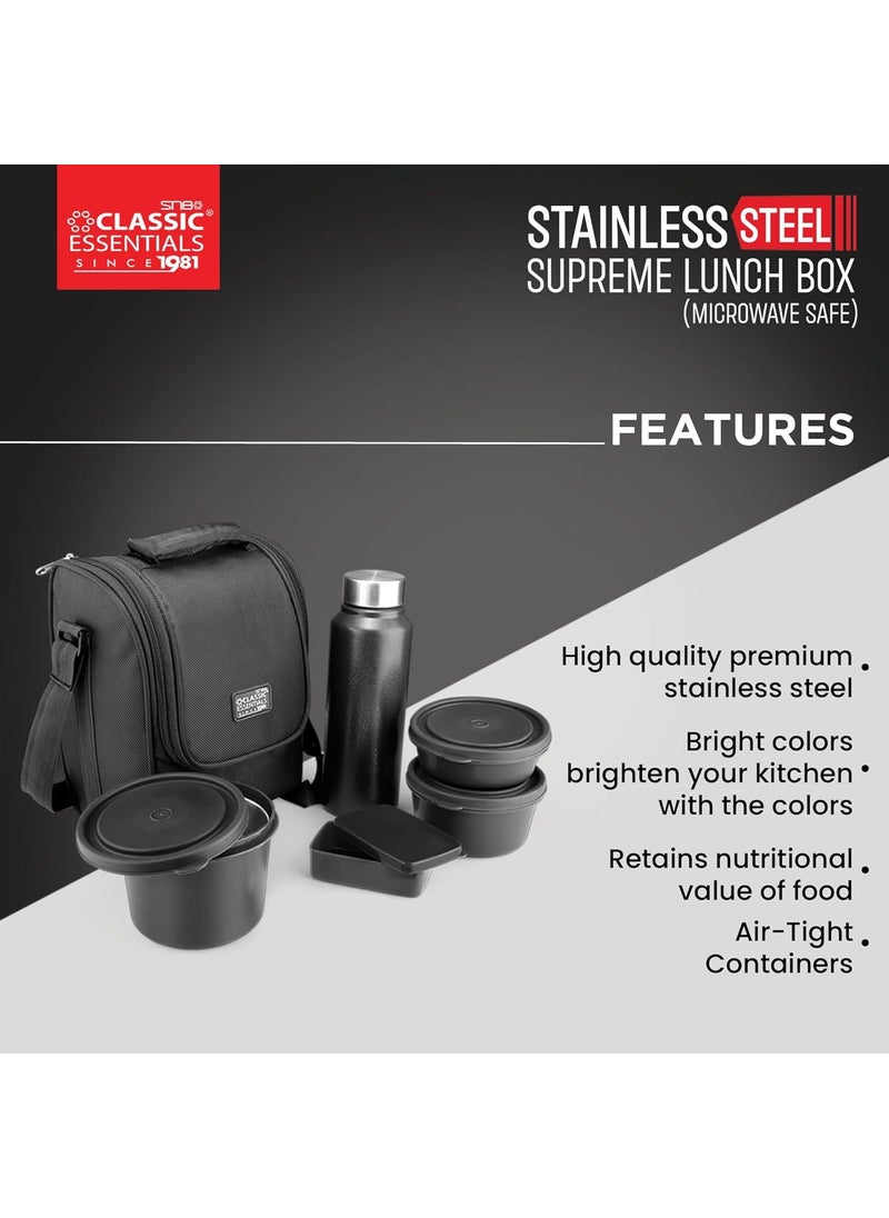 Classic Essentials CLASSIC ESSENTIALS Supreme All in One Lunch Box with Insulated Bag Microwave Safe Containers with Steel Inner Leak Resistant with Bottle Black 4 Containers  - Image 3