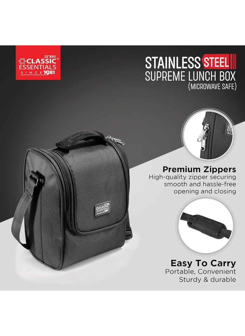 Classic Essentials CLASSIC ESSENTIALS Supreme All in One Lunch Box with Insulated Bag Microwave Safe Containers with Steel Inner Leak Resistant with Bottle Black 4 Containers  - Image 4