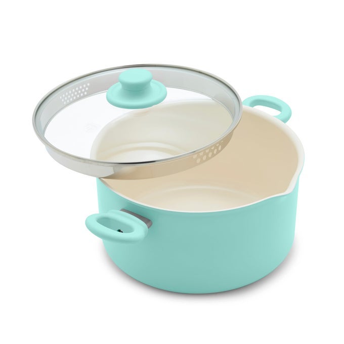 6QT CERAMIC NONSTICK STOCKPOT WITH GLASS STRAINING LID PFAS PFOAFREE DISHWASHER SAFE STAYCOOL HANDLES OVEN SAFE TO 350F WOBBLEFREE BASE EVEN HEATING TURQUOISE