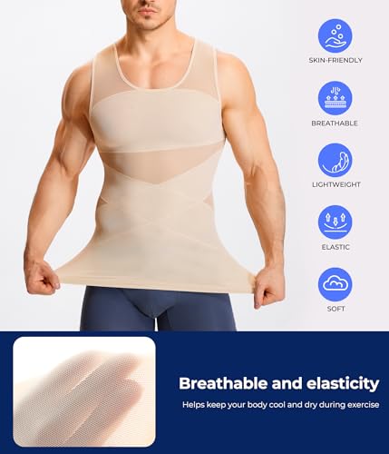 TAILONG Men's Compression Shirt for Body Shaper Slimming Vest Tight Tummy Underwear Tank Top Beige - Image 4